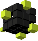 Abstract 3D structure of black cubes with bright yellow‑green elements on the corners and edges.